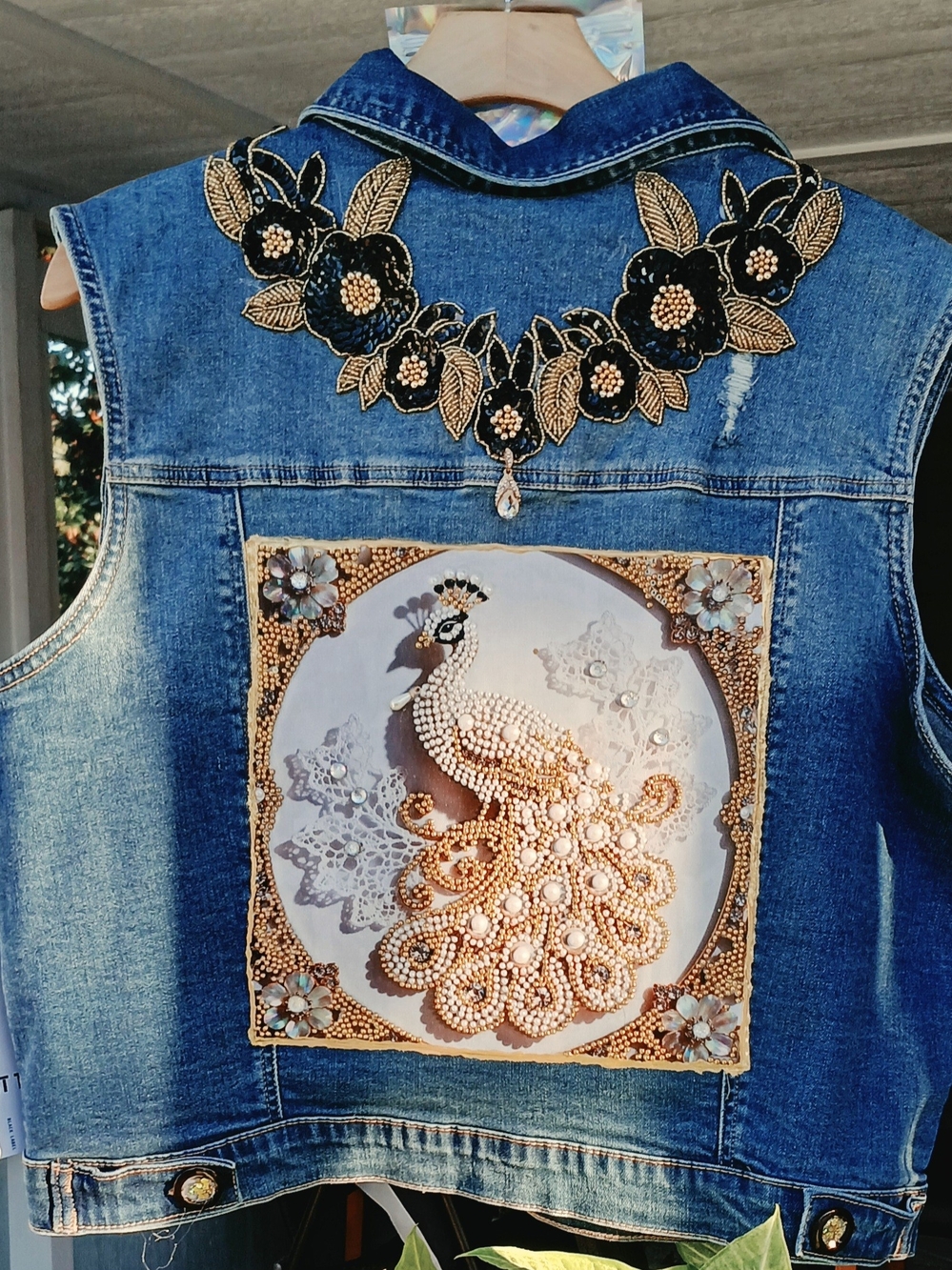 Black Label Blue Denim Vest with Gold and Black Embellished Peacock